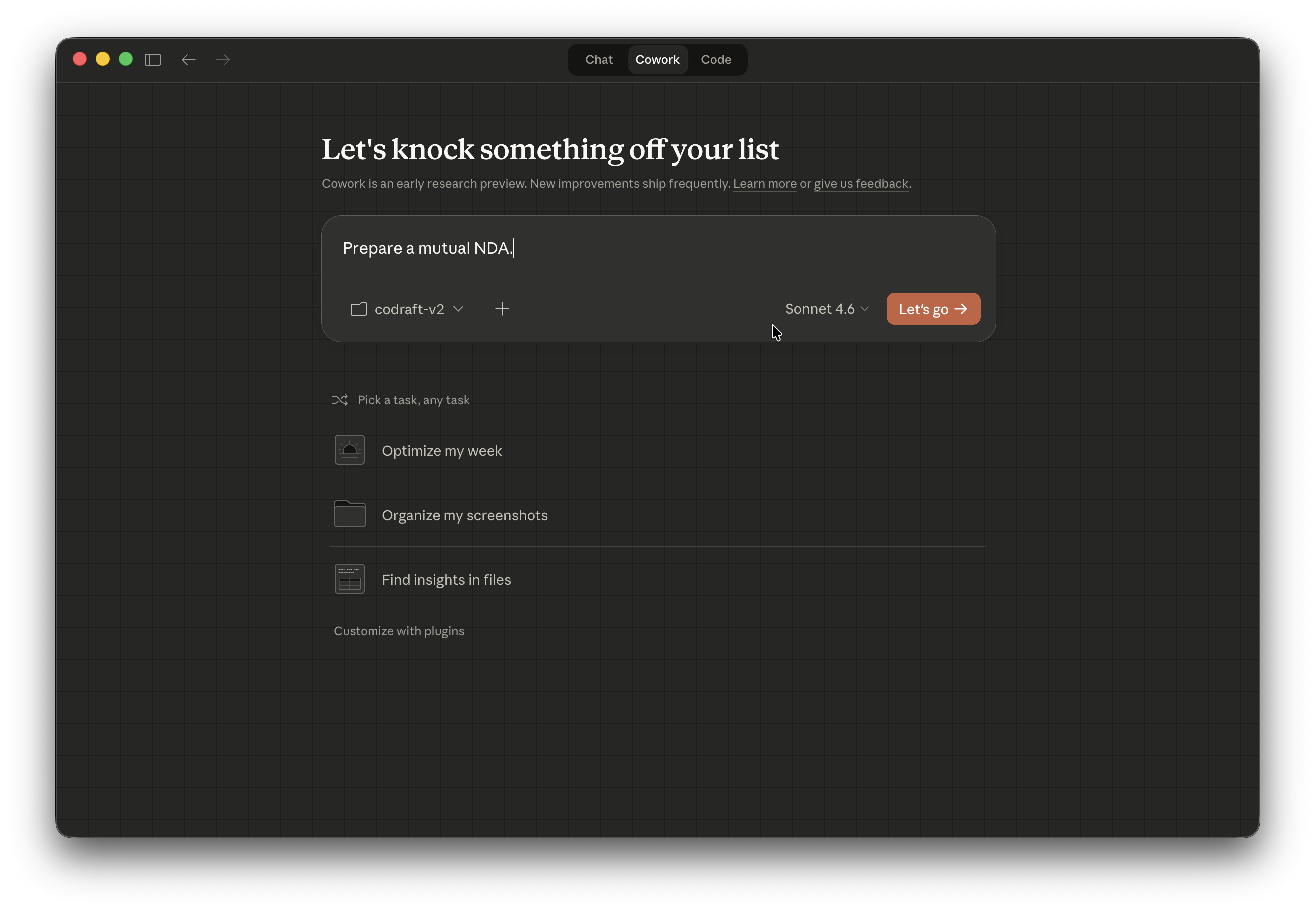Screenshot showing the Cowork screen with the Codraft folder selected, and a prompt "Prepare a mtual NDA" is entered.