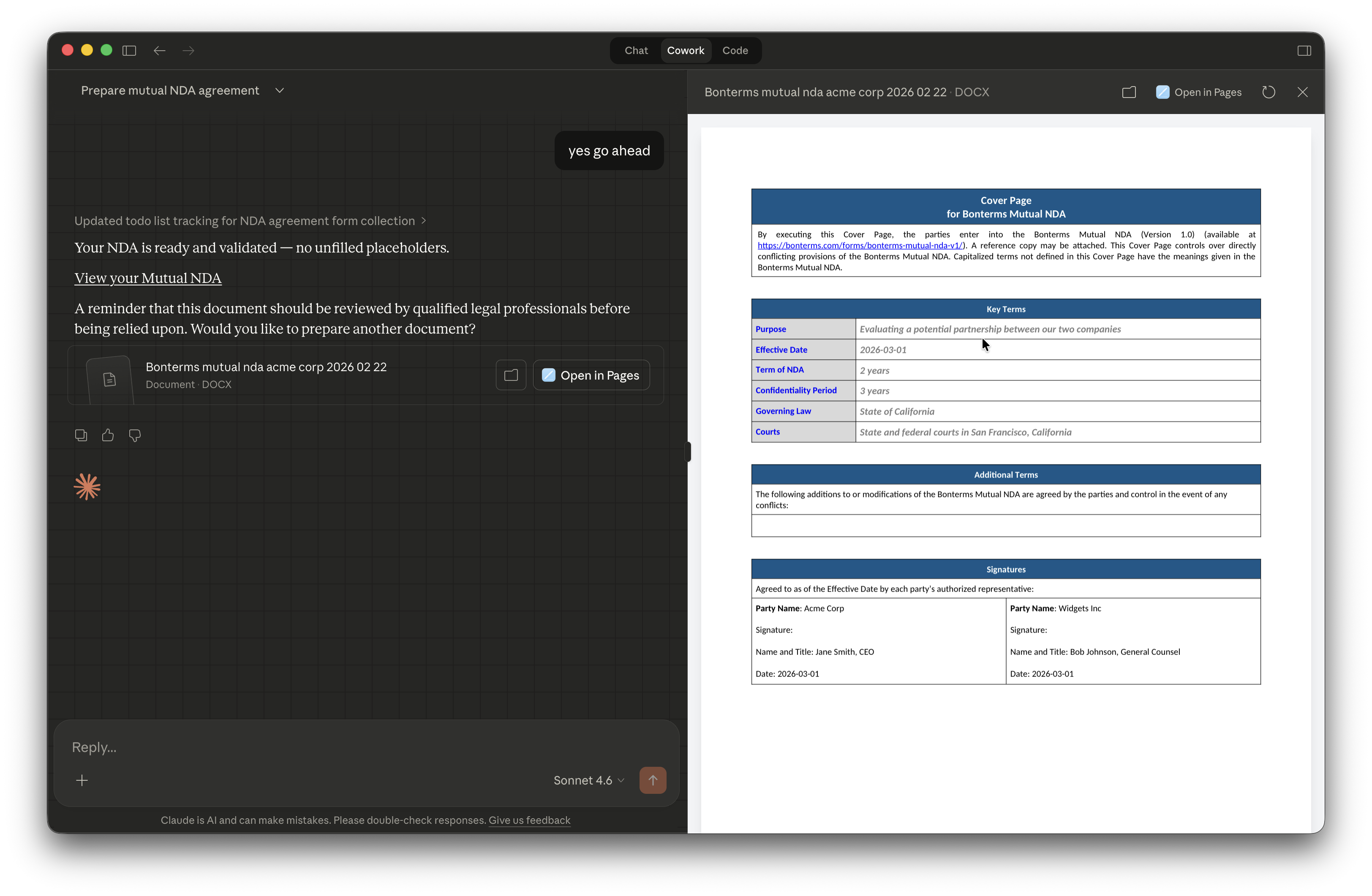 Screenshot showing the Cowork screen with the a pane on the right showing the rendered contract.
