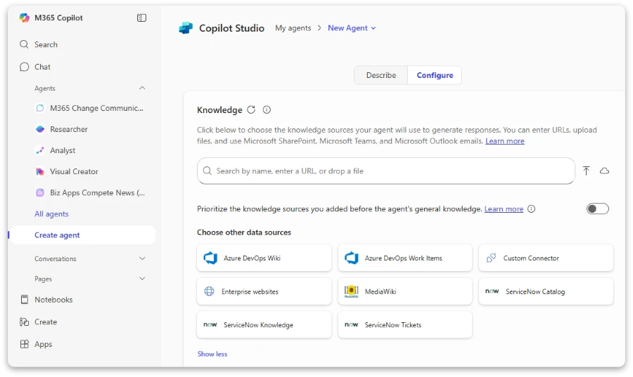Microsoft Copilot Studio’s updated agent builder interface from 2025, displaying the knowledge sources configuration panel with options for SharePoint integration and document uploads