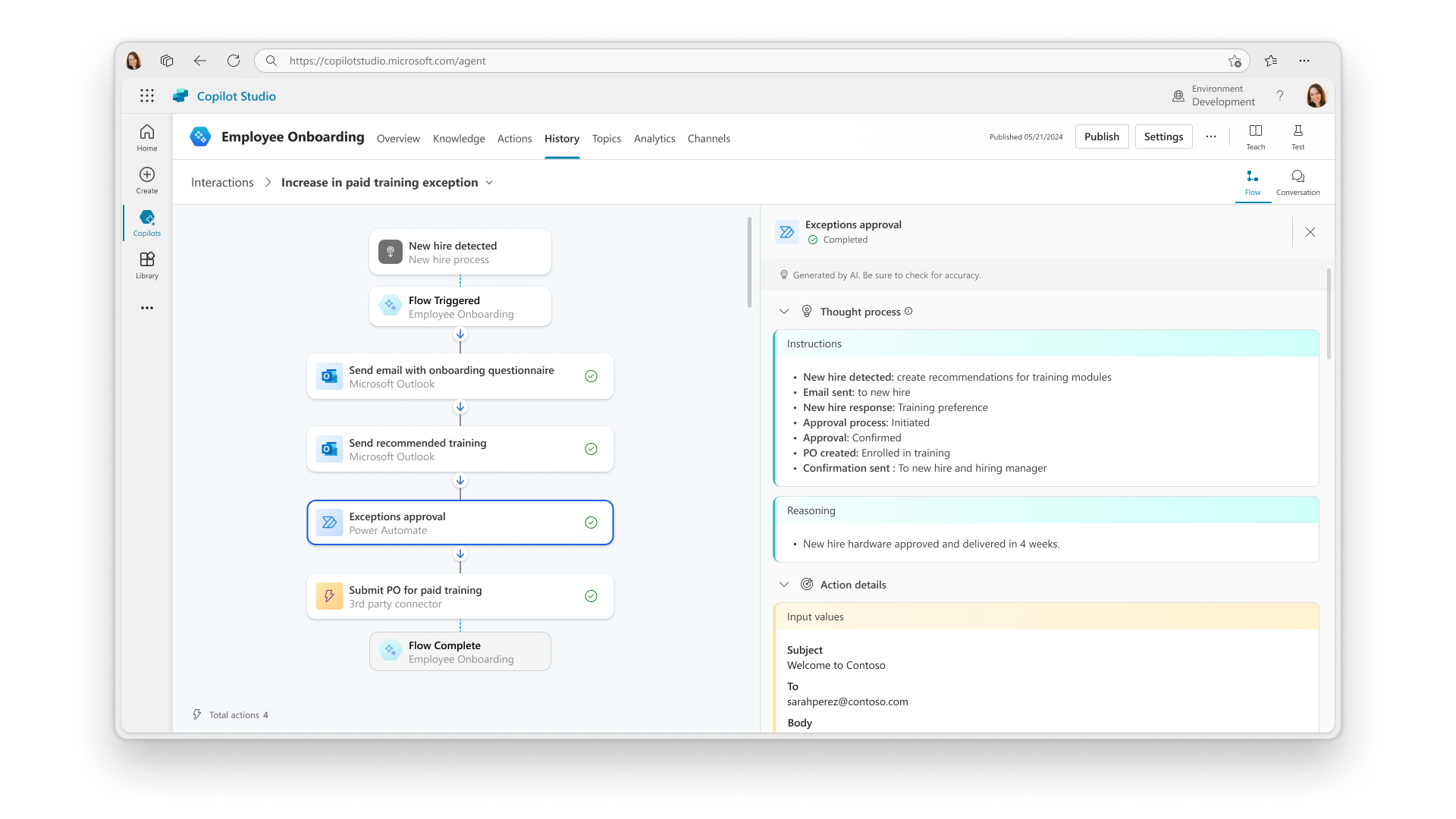 Microsoft Copilot Studio interface from 2024 showing the main dashboard with various building blocks and configuration options
